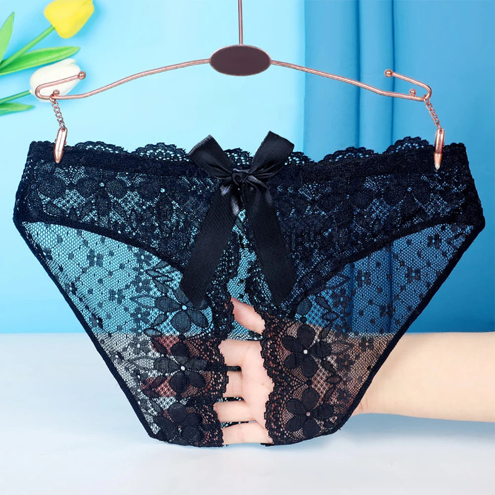 Black and red lingerie set for passion -Lace See-Through Crotchless G-String Briefs