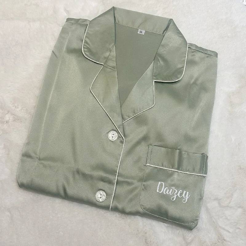 Women's pajama sets that are on trend fashionable -Sage Green Short Satin Personalised Pyjama Set Women's pajama sets that are on trend fashionable -Sage Green Short Satin Personalised Pyjama Set