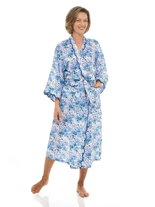 Womens Robe sets for petite sizes-Blue Floral Print Kimono Robe with Scalloping