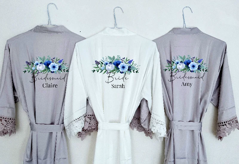 Womens robes sleepwear soft comfortable-Blue Floral Bouquet Personalised Bridesmaid Robe