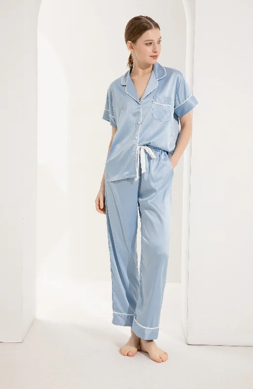 Women's pajama sets for a great price affordable -Pale Dusty Blue Personalised Short Sleeve & Trousers Satin Pyjamas