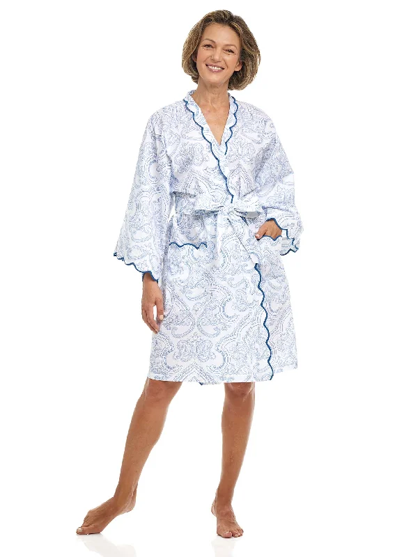 Womens cotton robes lightweight summer-Blue Paisley Short Kimono Robe