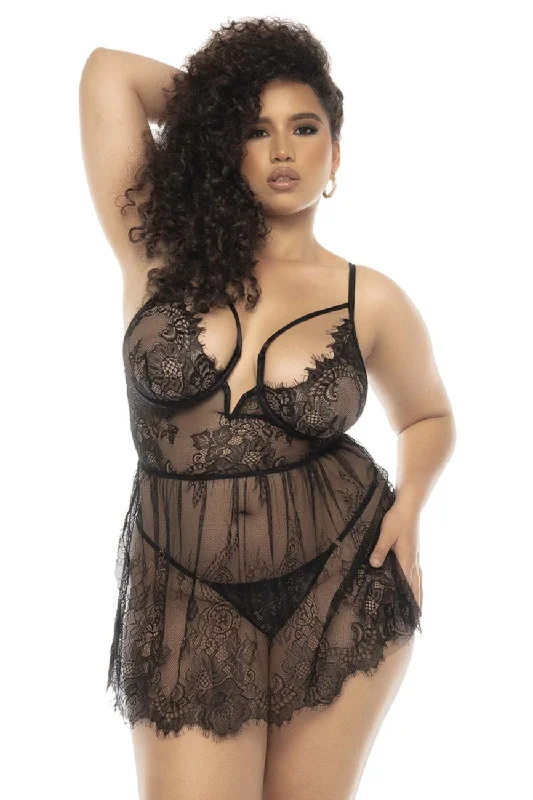 Lace trim sexy lingerie delicate -Mapale 7550X Selma Babydoll Plus Color Black