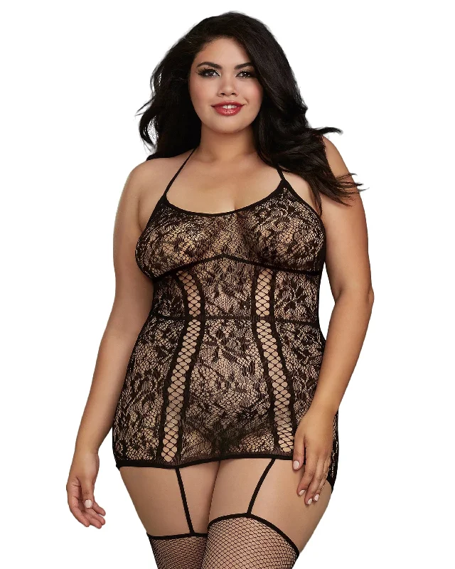 Teddy with backless design -DG 0331X Plus Size Lace Garter Dress with Criss-Cross Details Teddy with backless design -DG 0331X Plus Size Lace Garter Dress with Criss-Cross Details