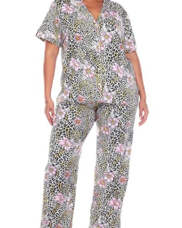 Plus size black lingerie for confident nights -Leopard/Brown Short Sleeve pajama set queen Size