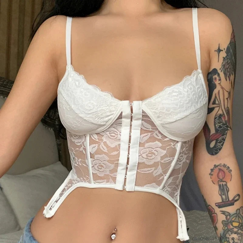 Open cup lingerie sets for playful nights -Lace Floral Corset Crop Top - Backless Mesh Camisole Open cup lingerie sets for playful nights -Lace Floral Corset Crop Top - Backless Mesh Camisole