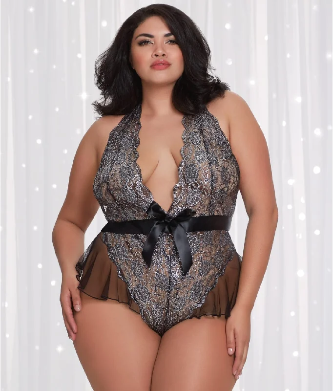 Sexy lingerie for hourglass figure emphasize waist -Dreamgirl 11788X Metallic Flutter Lace Crotchless Teddy Sexy lingerie for hourglass figure emphasize waist -Dreamgirl 11788X Metallic Flutter Lace Crotchless Teddy
