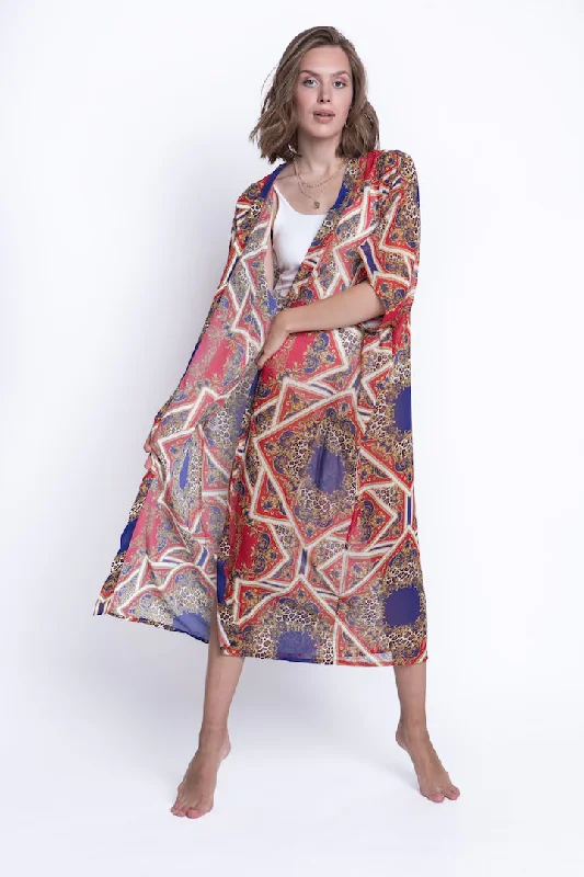 Womens Robe sets with hoods-Beach kimono Red blue leopard