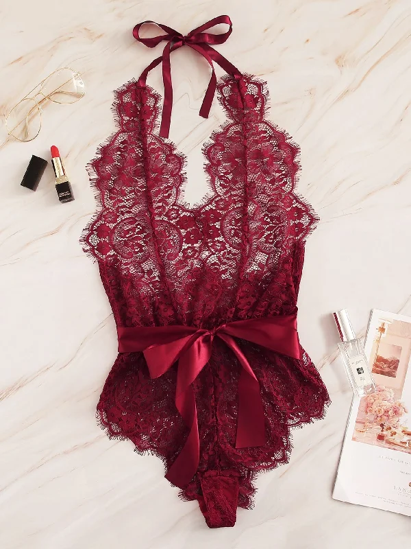 High-quality lingerie sets that lasts -Floral Lace Halter Teddy Bodysuit