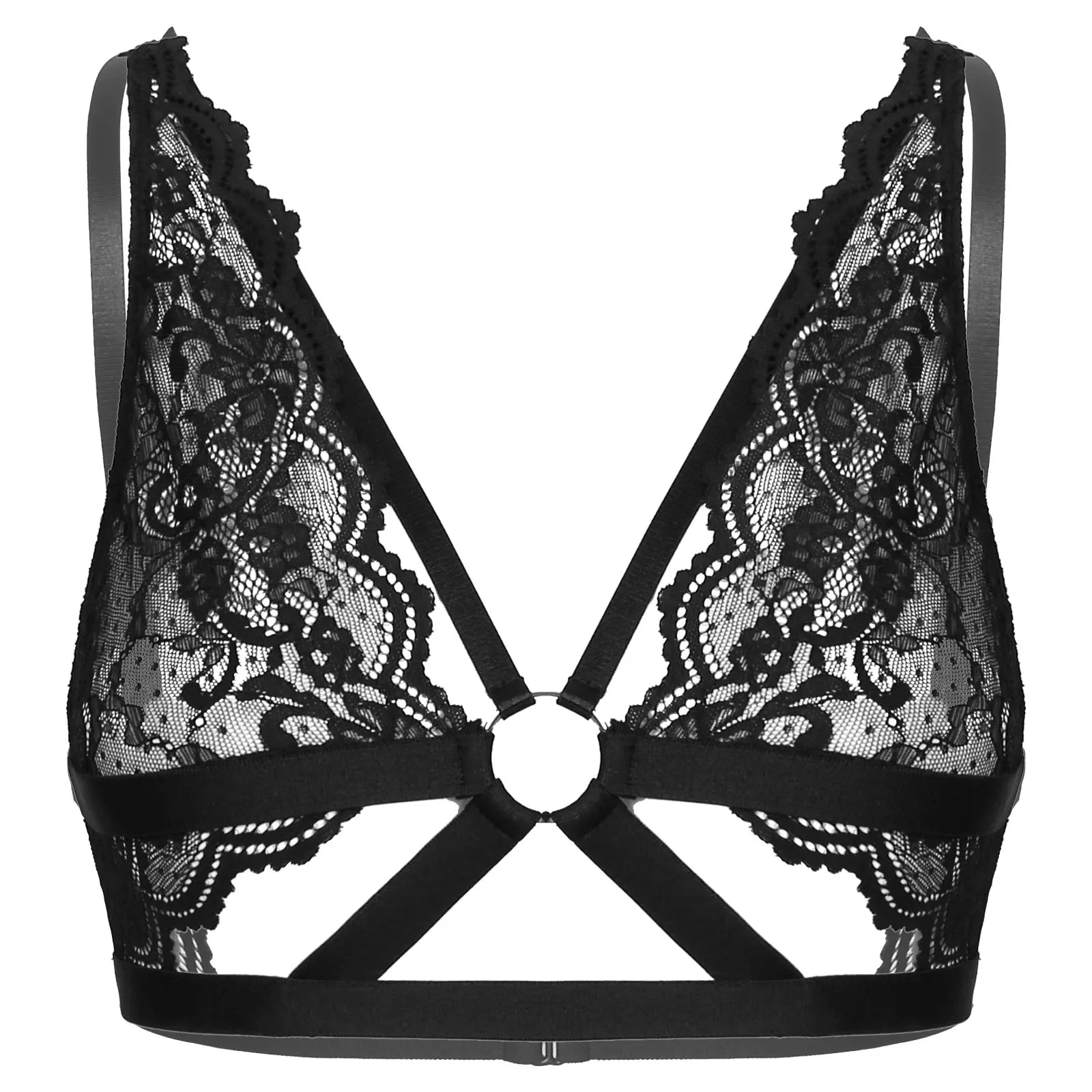 Lingerie sets for everyday-Erotic Floral Lace Strappy Bralette - Hollow Out O-ring