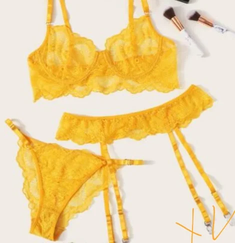 Bodysuit with garters attached -3pc lingerie lace set bra panty garter
