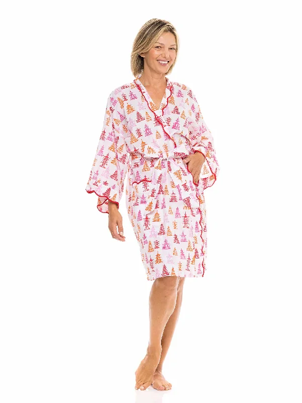 Womens robes travel friendly lightweight packable-Pink Pagoda Short Classic Robe
