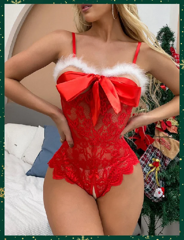 Womens nightwear with removable pads versatile styles-Bow Front Lace Crotchless Christmas Teddy Bodysuit Womens nightwear with removable pads versatile styles-Bow Front Lace Crotchless Christmas Teddy Bodysuit