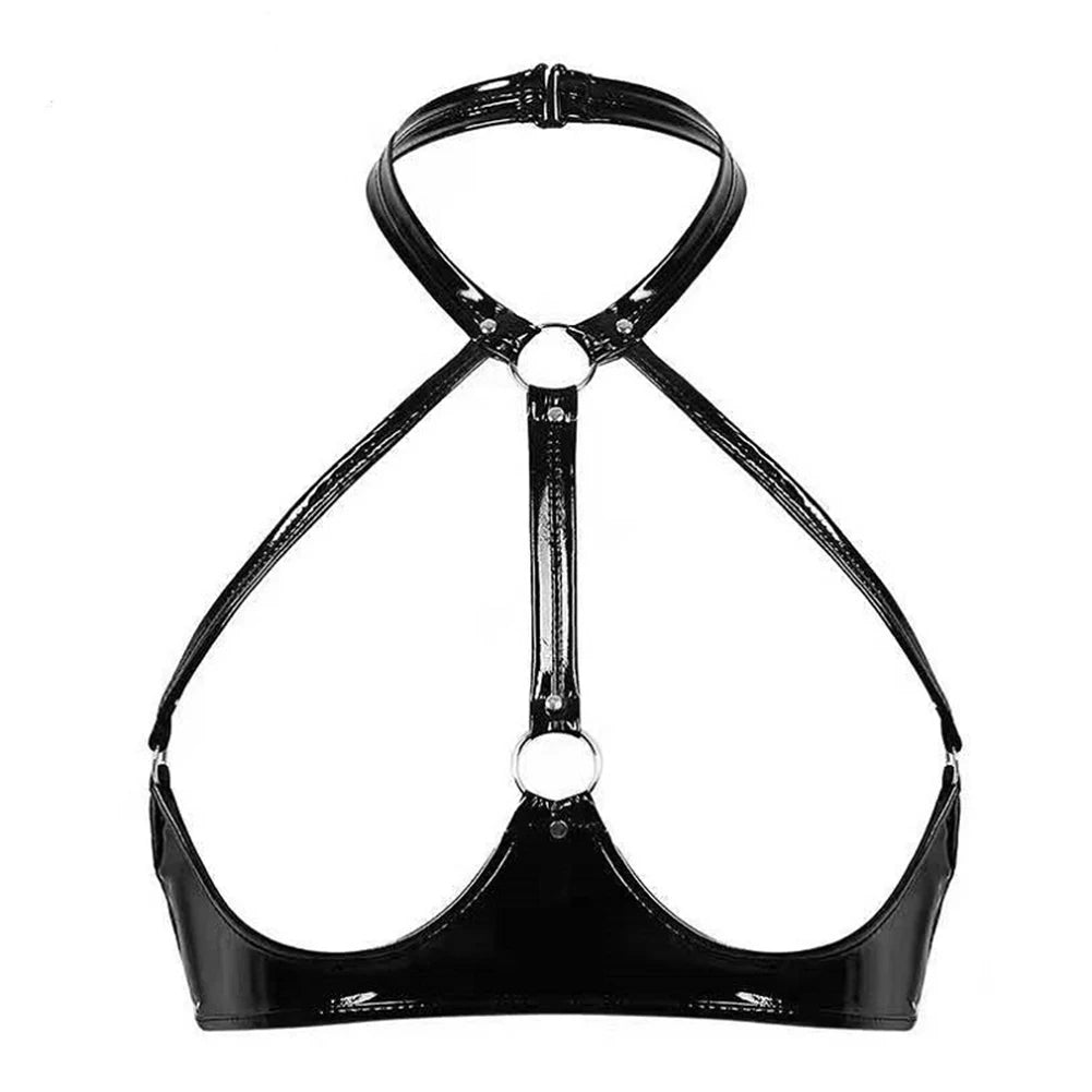 "black lace high waisted panties"-Sexy Open Cup PVC Leather Bra Crop Top
