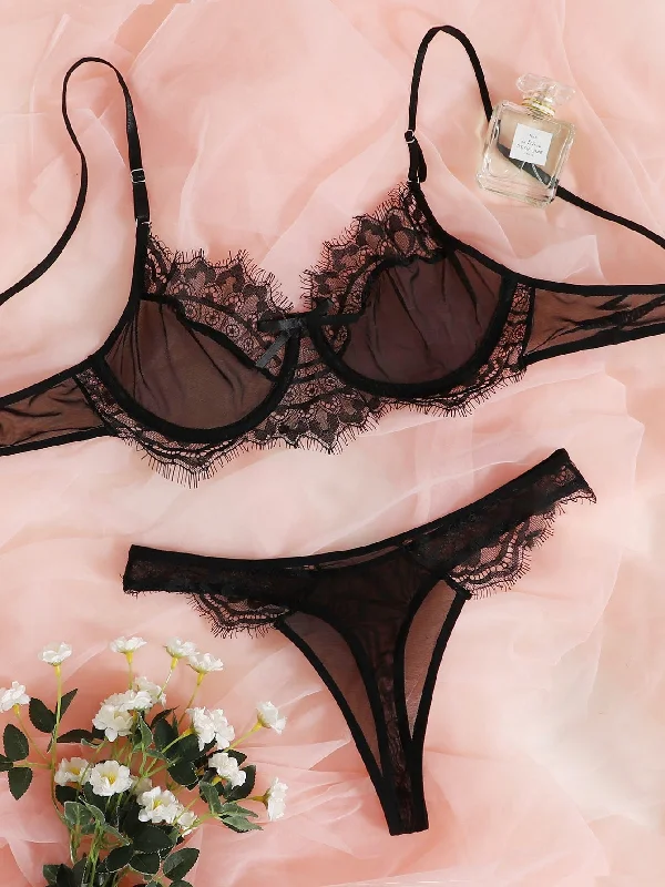 Black and red lingerie set for passion -Contrast Lace  sexy Lingerie Set