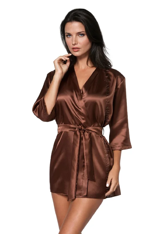 Womens silk robes with lace trim delicate detail-Irall Aria Dressing Gown Chocolate