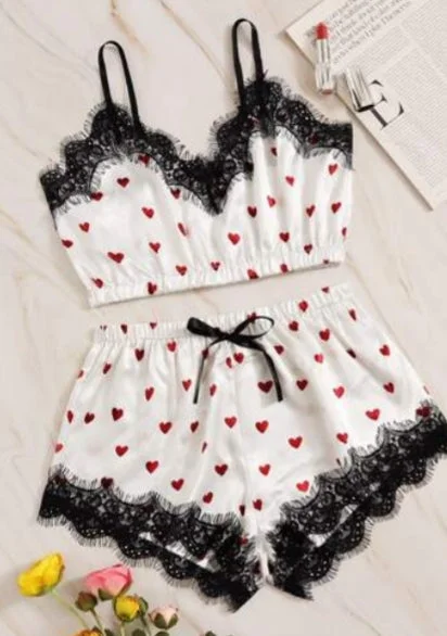 Chemise slip plus size -lace trim heart print crop cami set