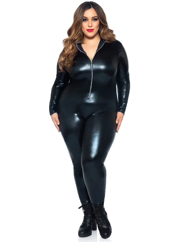 High waisted sexy lingerie for tummy control -Lame Zipper Front Catsuit - 1x/2x - Black