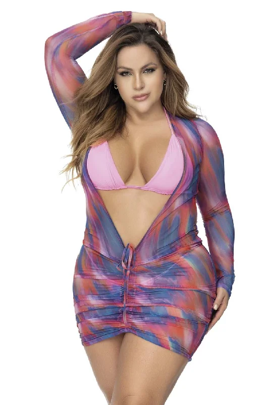 Open bust lace bodysuit -Mapale 47012X Beach Dress Cover Up Color Sunset Print