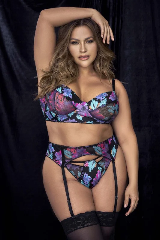 Strappy and caged lingerie set for boldness -Mapale 8770X Three Piece Set Color Dream Flower Print Strappy and caged lingerie set for boldness -Mapale 8770X Three Piece Set Color Dream Flower Print