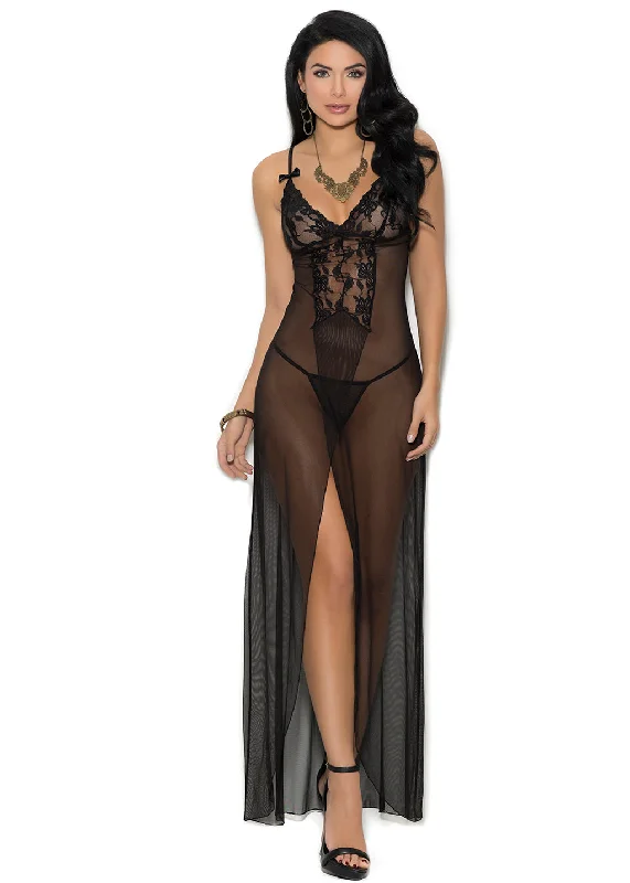 Womens strappy sexy nightwear trendy bold-Long Mesh Gown with G-String