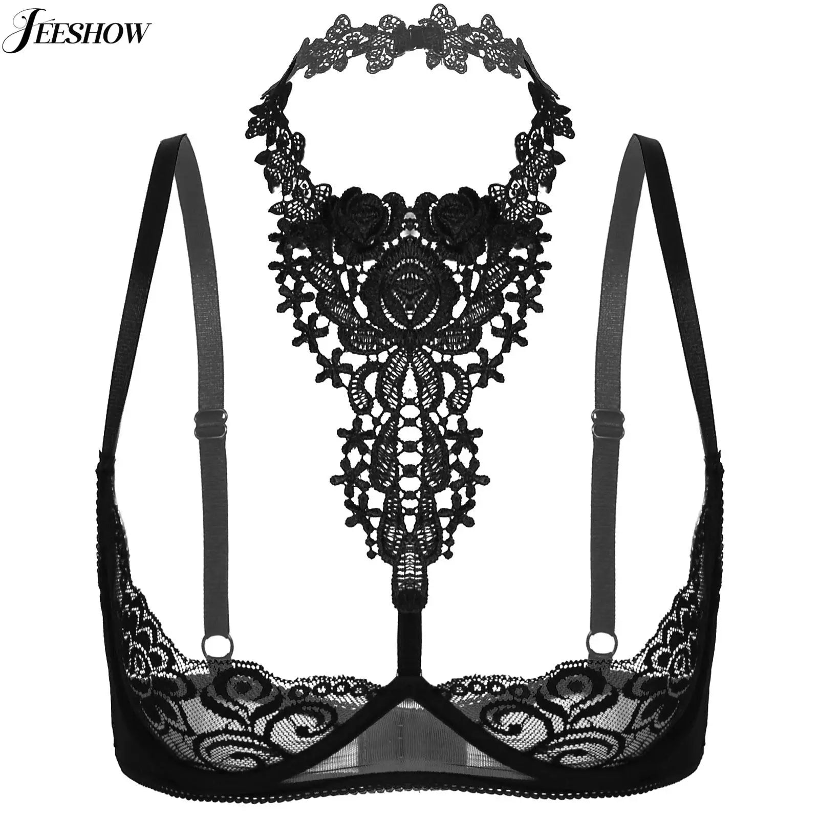 Mesh lingerie sets for breathability -Sexy Floral Lace Halter Bra - 1/4 Cup Push Up Balconette Mesh lingerie sets for breathability -Sexy Floral Lace Halter Bra - 1/4 Cup Push Up Balconette