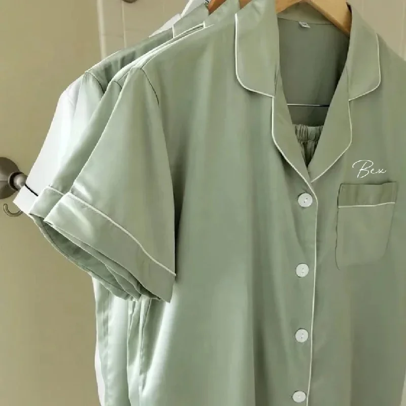 Women's pajama sets that are supportive comfortable -Sage Green Short Satin Personalised Pyjama Set Women's pajama sets that are supportive comfortable -Sage Green Short Satin Personalised Pyjama Set