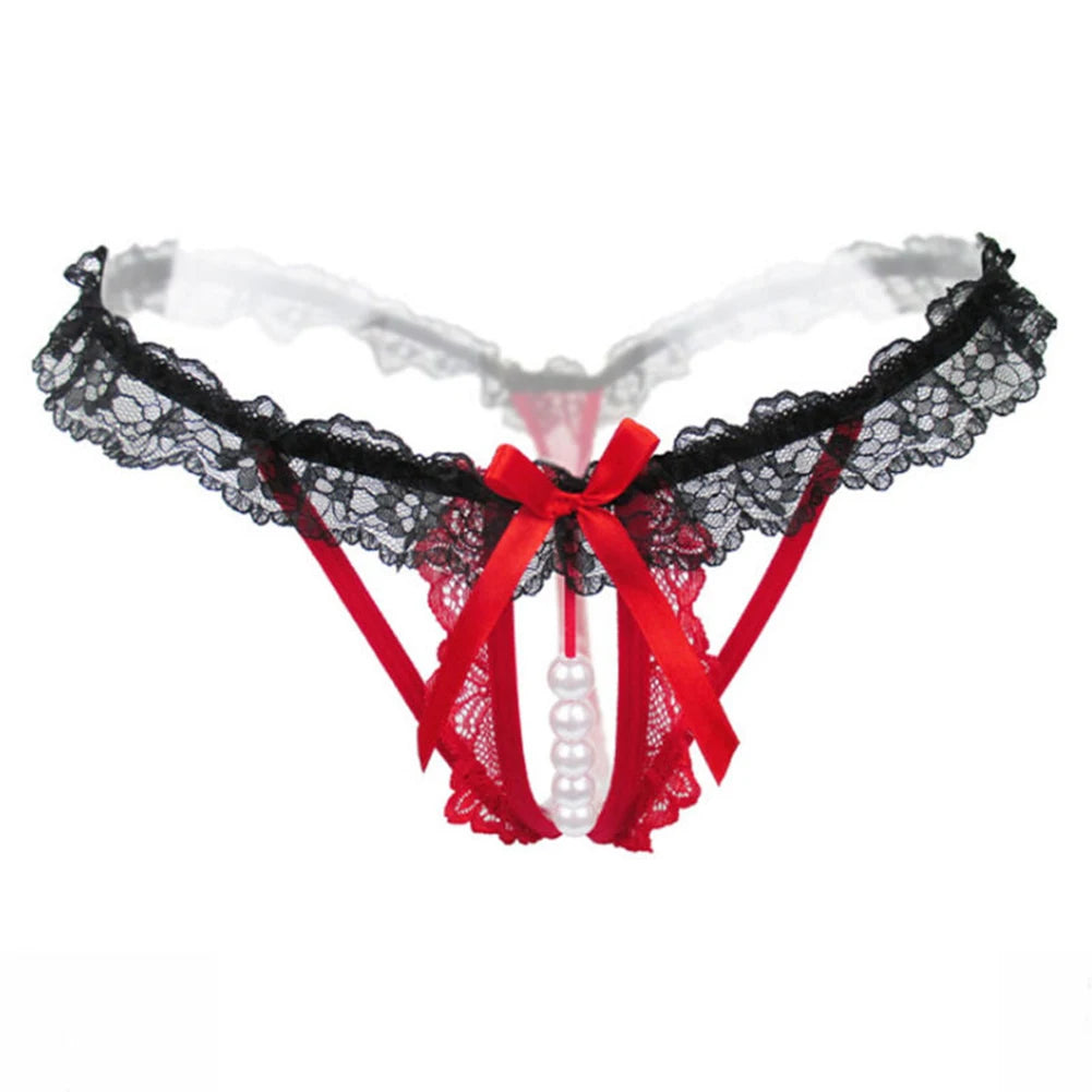 Affordable lingerie sets -Crotchless Pearl Lace Thongs - Sexy Bowknot Panties