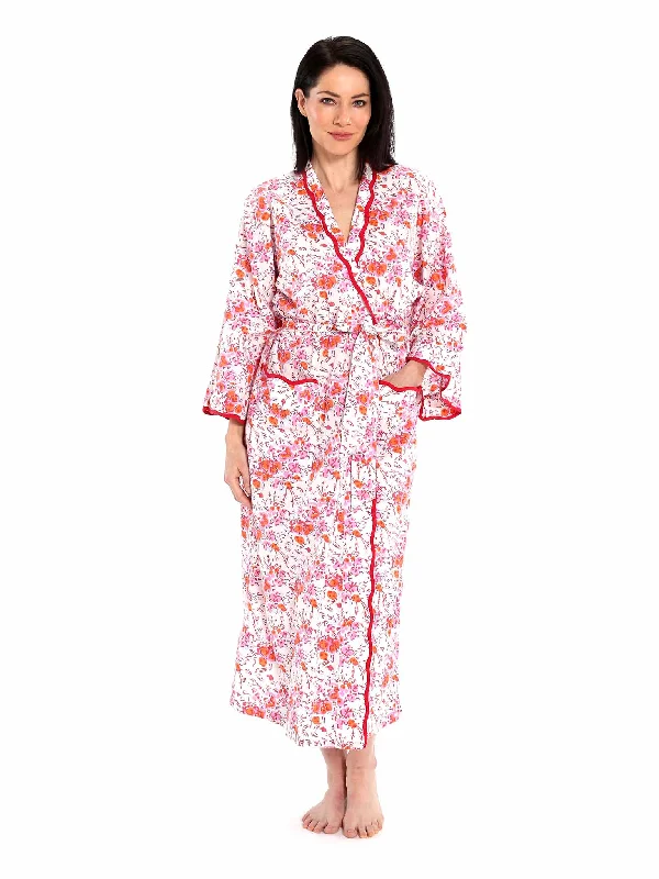 Womens long robes floor length elegant-Pink Floral Kimono Robe with Scalloping