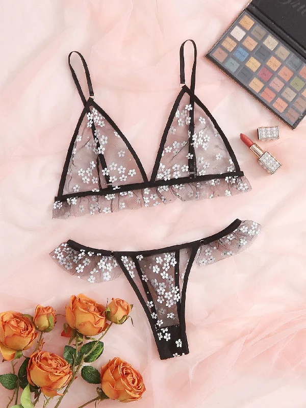 Lingerie sets for rectangle shape corsets curves -Floral Pattern Mesh Lingerie Set