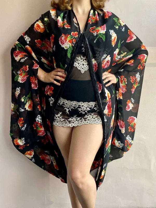 Womens robes with lace trim elegant feminine-Fringed Cocoon Robe Black Floral
