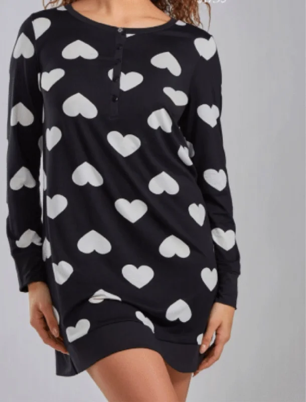 Strappy sexy lingerie trendy -Heart print long sleeve sleep shirt