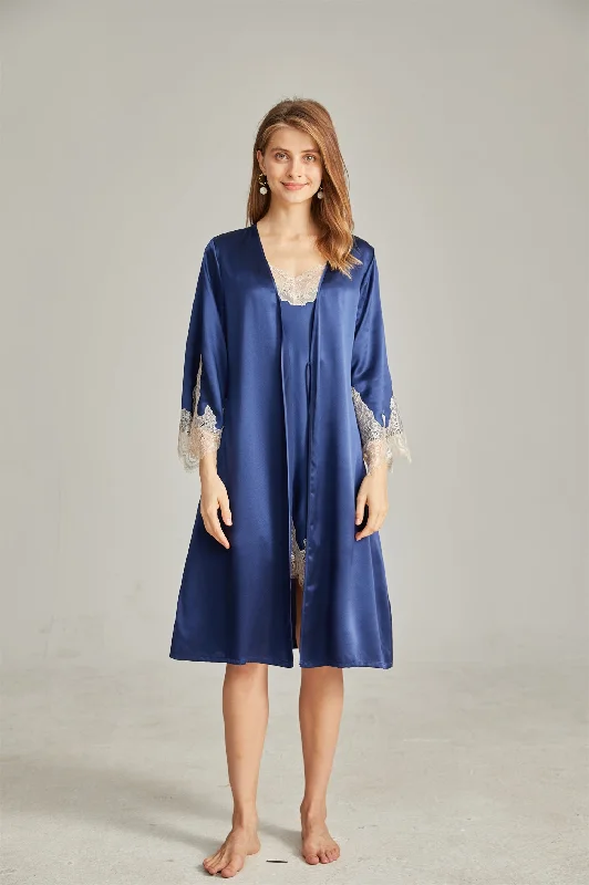 Womens Robes Wool blend -Luxury Lace Trimmed Silk Nightgown & Robe Set for Women