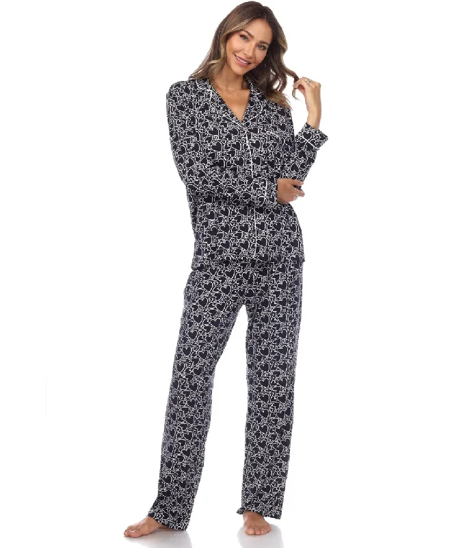 Christmas sexy lingerie holiday -2Long Sleeve Navy Heart Print Pajama Set