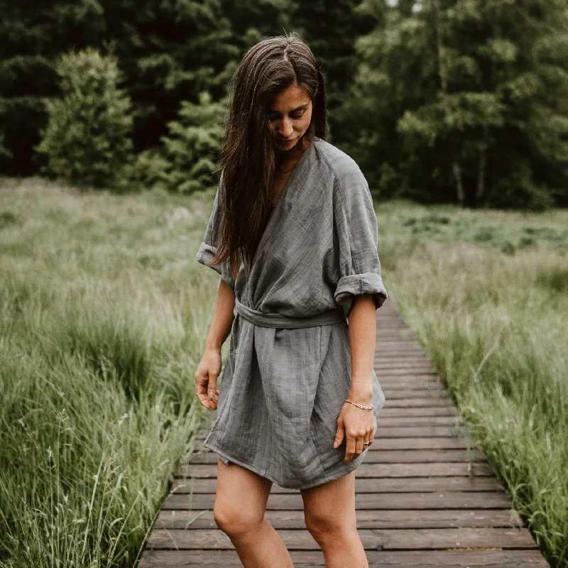Womens zip up robes easy on and off-Kimono HAORI grau