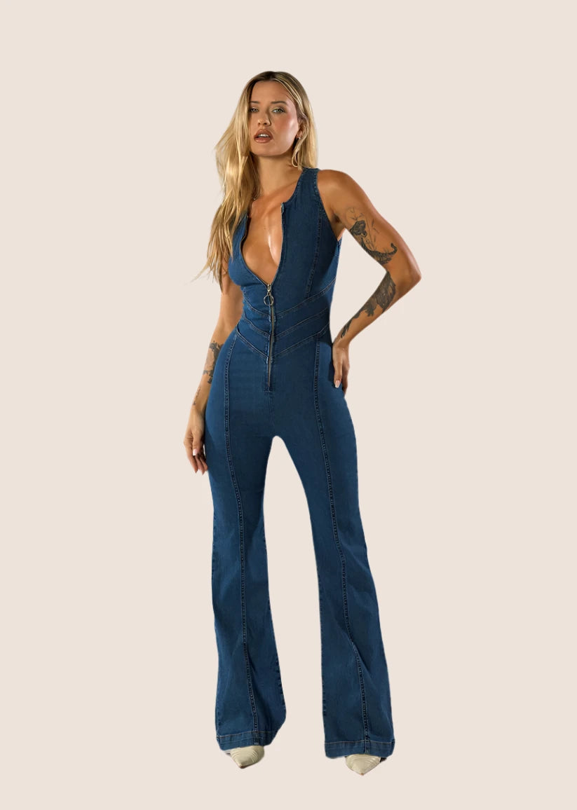 Camisoles made in USA -Plunge Flare Denim Jumpsuit