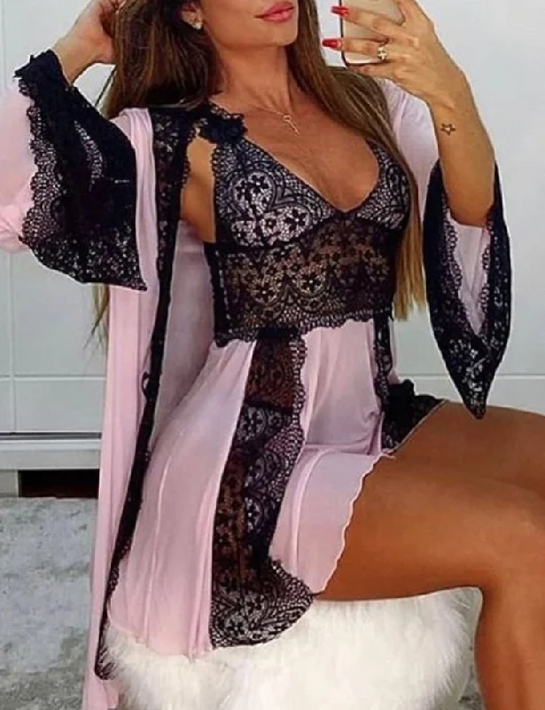 Womens nightwear for sensitive skin hypoallergenic gentle -Lace lingerie sets with a floral pattern: backless babydoll + sleeping gown Womens nightwear for sensitive skin hypoallergenic gentle -Lace lingerie sets with a floral pattern: backless babydoll + sleeping gown