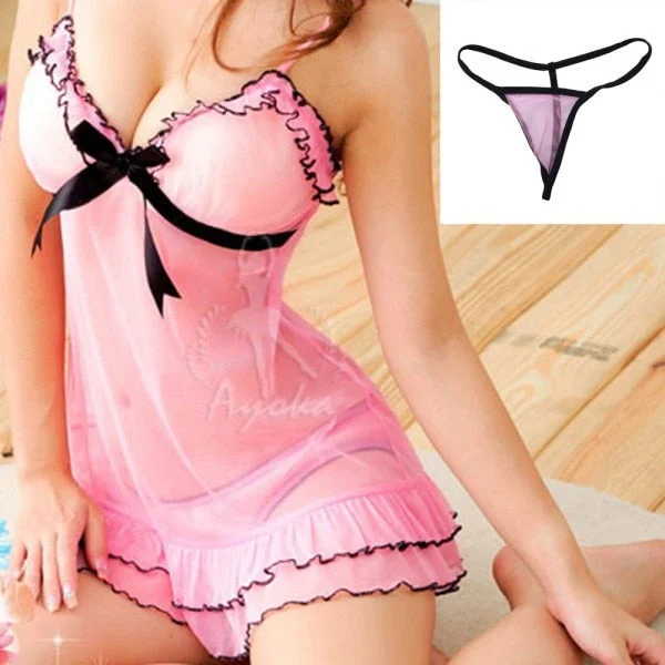 Womens backless sexy nightwear alluring daring-Pink Lace Baby Dolls Nightdress With Gstring Womens backless sexy nightwear alluring daring-Pink Lace Baby Dolls Nightdress With Gstring