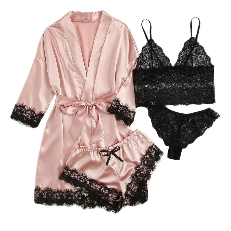 Womens maternity robes pregnancy comfort-Woman Summer Pyjamas Elegant Lace Bra & Panty & Nightgown & Shorts Loungewear 4-in-1 Set Womens maternity robes pregnancy comfort-Woman Summer Pyjamas Elegant Lace Bra & Panty & Nightgown & Shorts Loungewear 4-in-1 Set