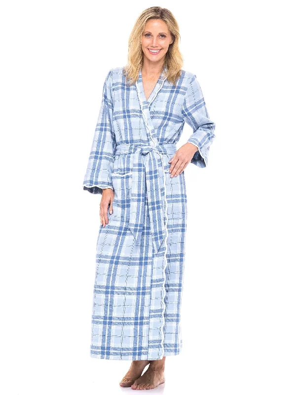 Womens cotton robes with pajama pants relaxed fit-Elegant Blue Flannel Classic Robe