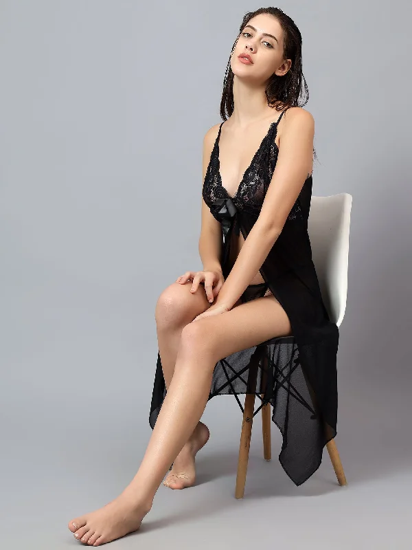 Womens nightwear with trendy styles fashionable modern -Velvi Figure Net Sexy Black Babydoll Lingerie Womens nightwear with trendy styles fashionable modern -Velvi Figure Net Sexy Black Babydoll Lingerie