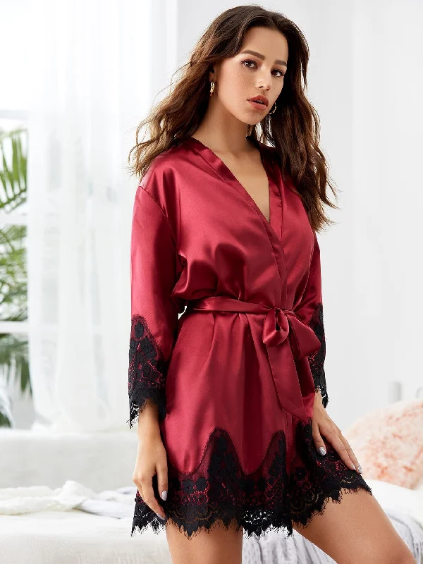 Womens robes that are easy to care for machine washable-Belted Satin Kimono Lace Silky Robe