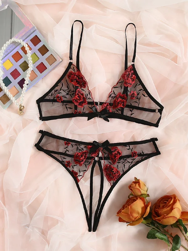 Matching cami set lingerie sets comfortable -Floral Embroidered Mesh Lingerie Set