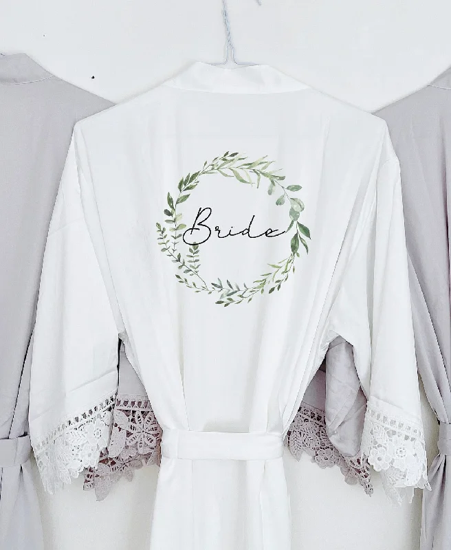 Womens robes for petite women shorter length-Green Foliage Wreath Satin Personalised Robe