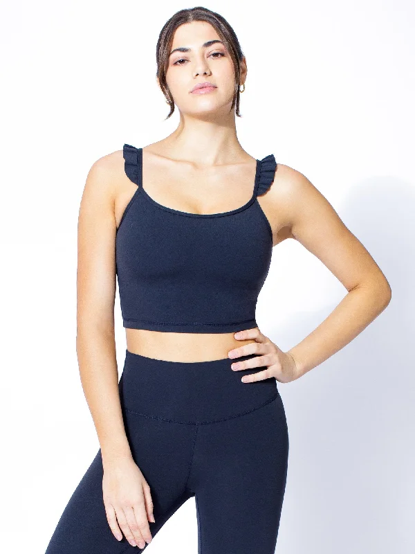 Racerback tanks for women athletic -RUFFLED SIMPLICITY TANK, MIDNIGHT GREY