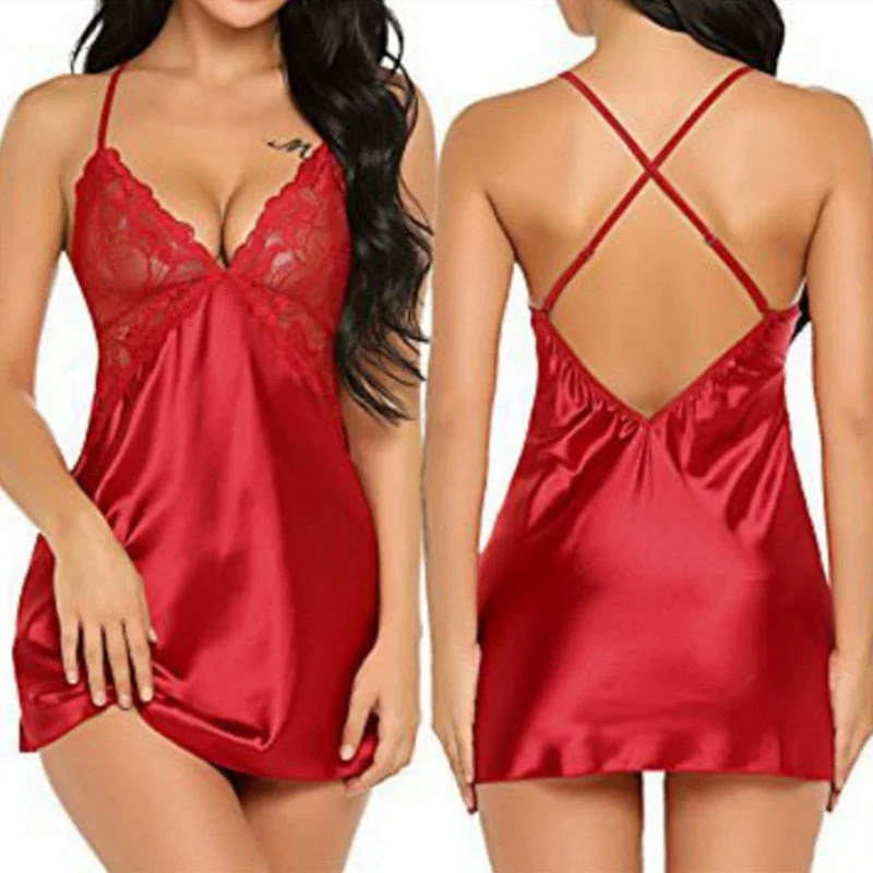 Womens nightwear without metal allergy free -Satin Lace Lingerie Nightgown
