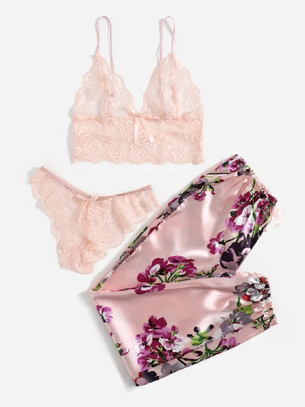 Where to buy ethical and affordable sets -Floral Lace Lingerie Set With Floral Print Satin Pants