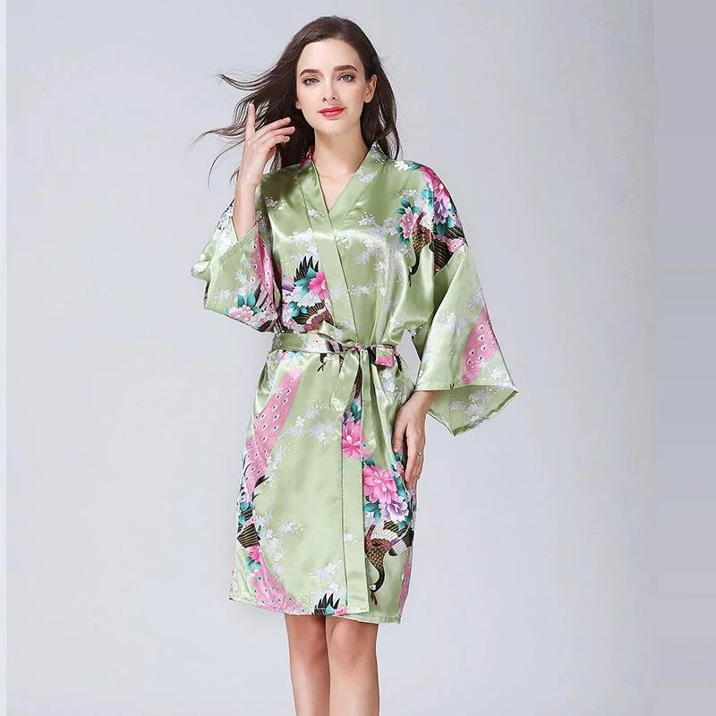 Womens cotton robes with pajama pants relaxed fit-Kimono Femme<br> Vert