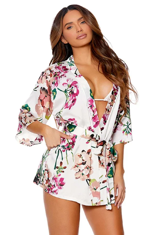 Womens silk robes luxurious feel elegant-Floral Charmeuse Kimono Robe