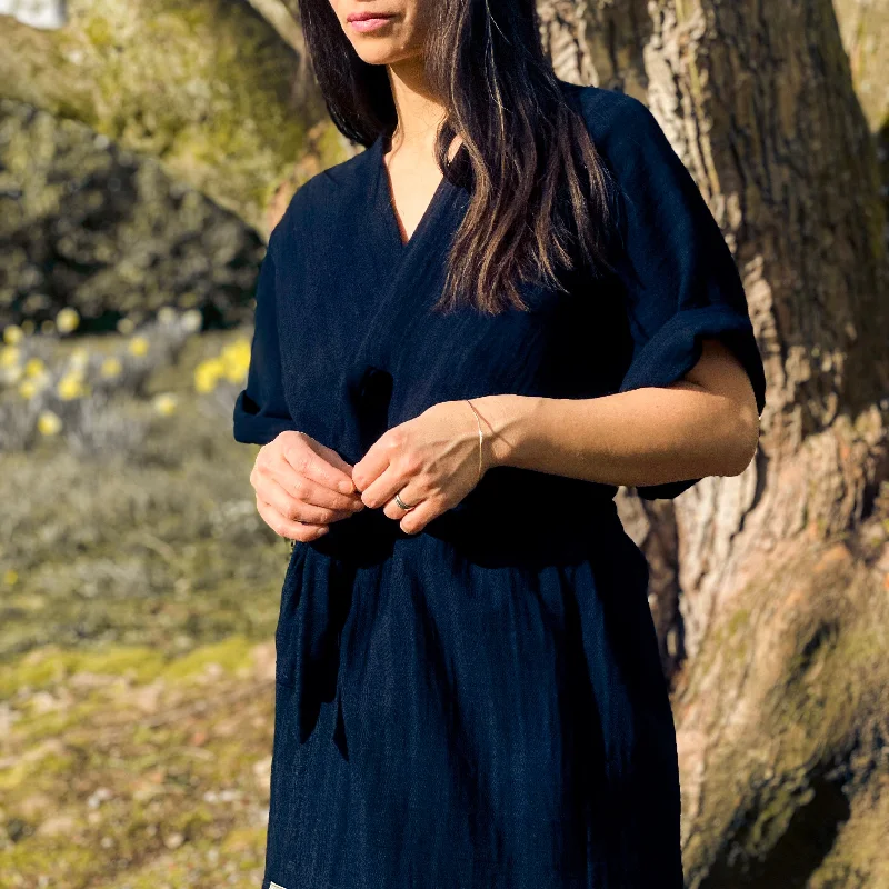 Womens satin robes with matching nightgown set-Kimono HAORI nachtblau